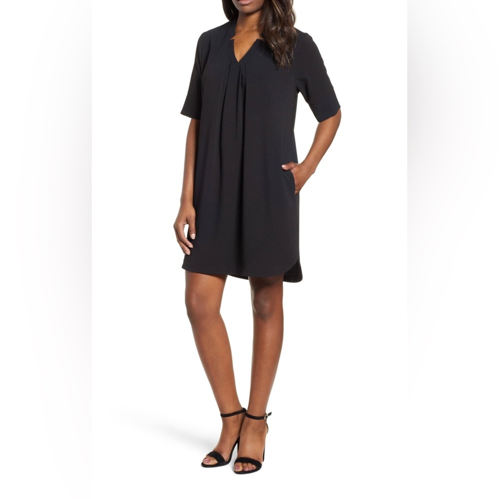 BOBEAU Stretch Crepe Pleat Front Curved Hem Black Shirt Dress Size Medium